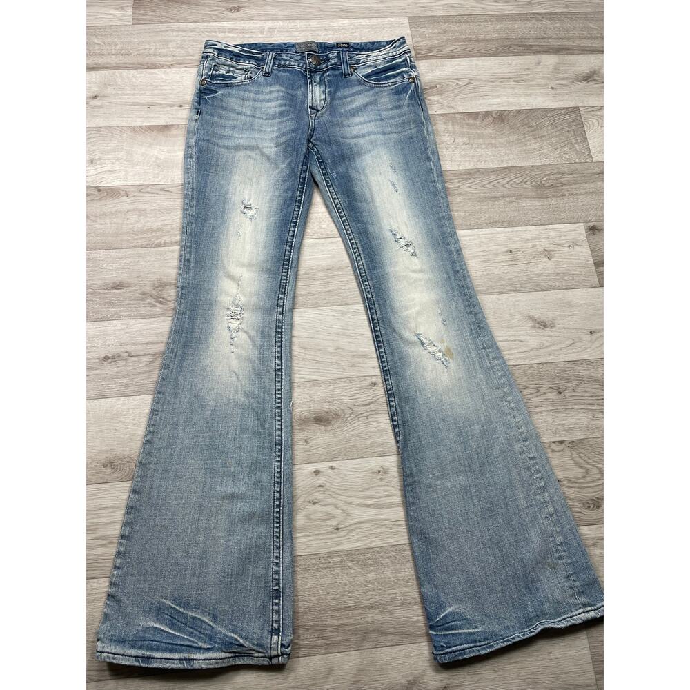 🔥Y2K Rerock Express Flare Bootcut Jeans Low Rise Rhinestone Stretch Distress - Picture 2 of 15